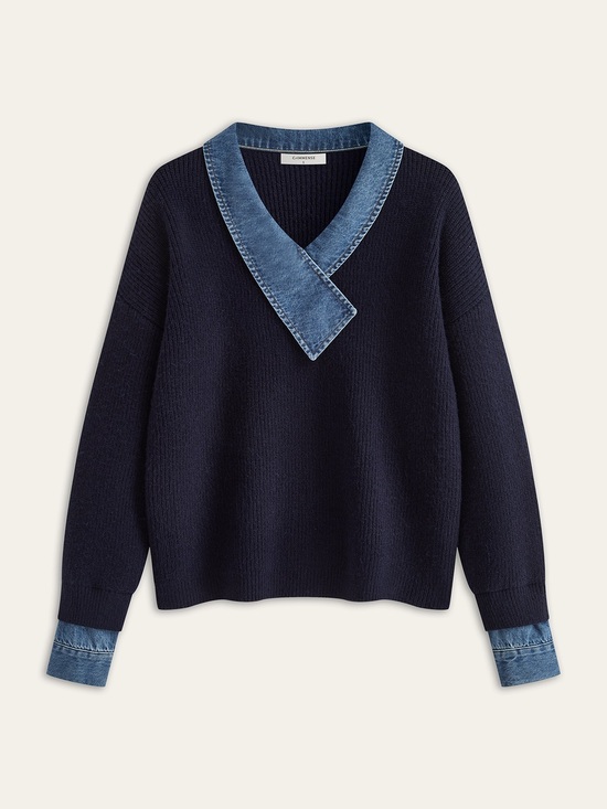 Commense Sweaters - Commense Denim Panel Asymmetric V-Neck Knit Top